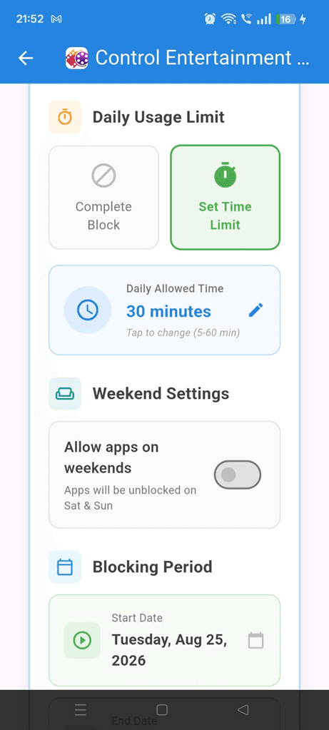 Entertainment controls with a 30-minute daily limit, weekend settings and blocking dates